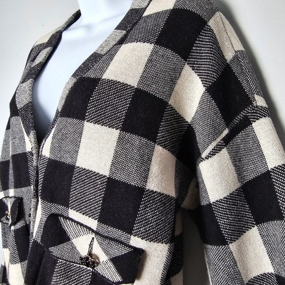 Industry Womens Buffalo Plaid Cardigan Black Cream Wool Blend V-Neck Large - Picture 2 of 12